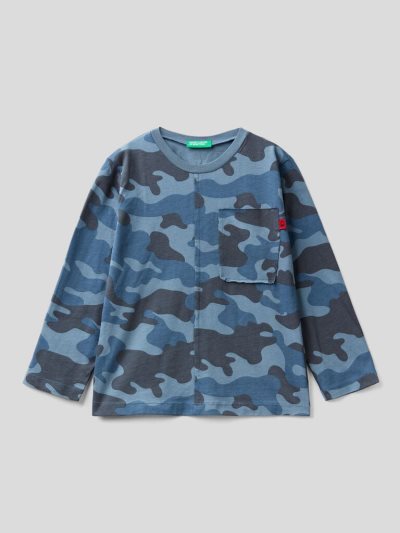 Air Force Blue Kids' Benetton Camouflage Breast Pocket Long Sleeve T-shirts | AU084860