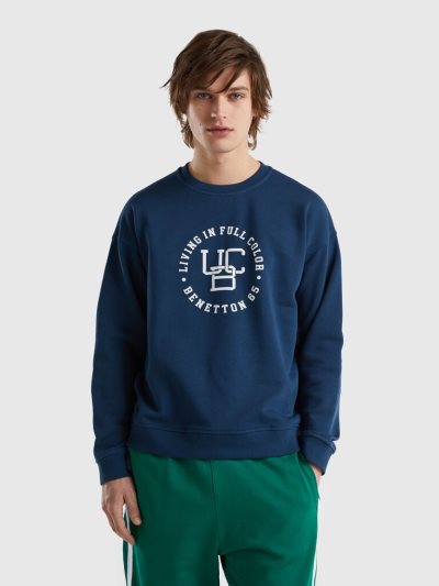 Air Force Blue Men's Benetton Crew Neck Logo Print Sweatshirt | AU241812