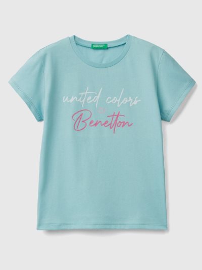 Aqua Kids' Benetton Glittery Logo Organic Cotton Short Sleeve T-shirts | AU632420