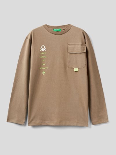 Beige Kids' Benetton Breast Pocket Warm Cotton Long Sleeve T-shirts | AU547018