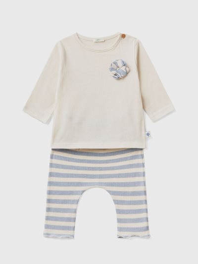 Beige Kids' Benetton T-shirt And Trousers Outfit Dungarees | AU907651