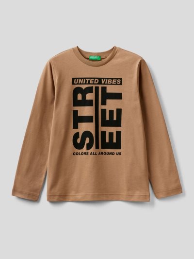 Beige Kids' Benetton Warm Organic Cotton Print Long Sleeve T-shirts | AU795569