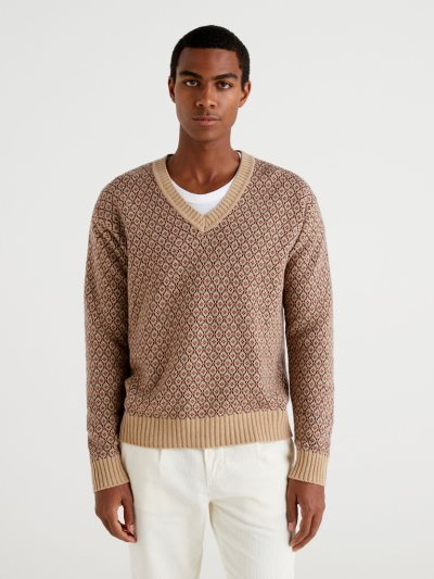 Beige Men's Benetton Jacquard Wool Blend V-neck Sweaters | AU239024