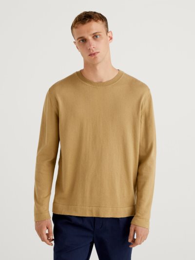 Beige Men's Benetton Warm Cotton Crew Neck Sweaters | AU498196