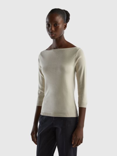 Beige Women's Benetton 100% Cotton Boat Neck Sweaters | AU715380