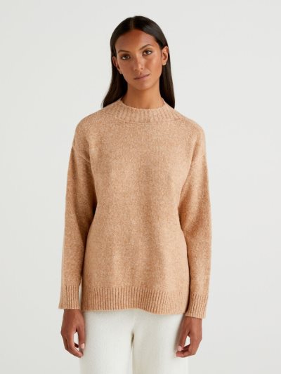 Beige Women's Benetton Boxy Fit Bouclé Wool Blend High Neck Sweaters | AU870627