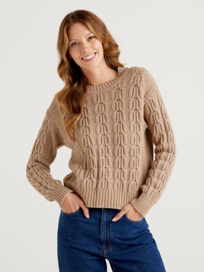 Beige Women's Benetton Boxy Fit Knit Crew Neck Sweaters | AU644557