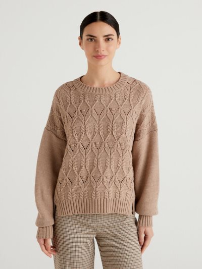 Beige Women's Benetton Boxy Fit Knit Crew Neck Sweaters | AU805199