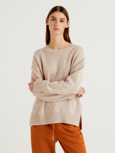 Beige Women's Benetton Boxy Fit Wool Blend Crew Neck Sweaters | AU267154