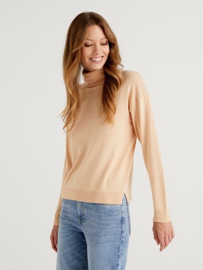 Beige Women's Benetton Cotton And Modal® Turtleneck High Neck Sweaters | AU348543