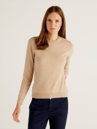 Beige Women's Benetton Crew Neck Pure Cashmere Sweaters | AU371200