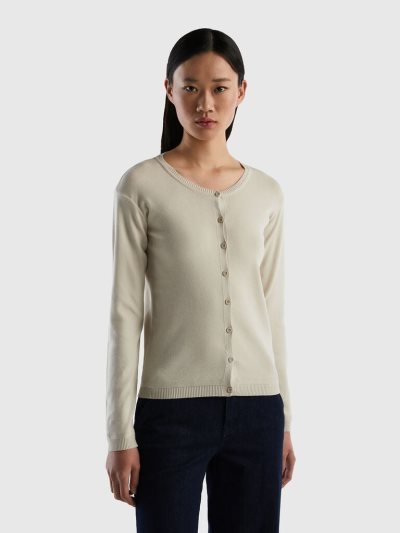 Beige Women's Benetton Crew Neck Pure Cotton Cardigan | AU060114