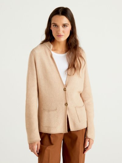 Beige Women's Benetton Knit Wool And Cashmere Blend Cardigan | AU693909