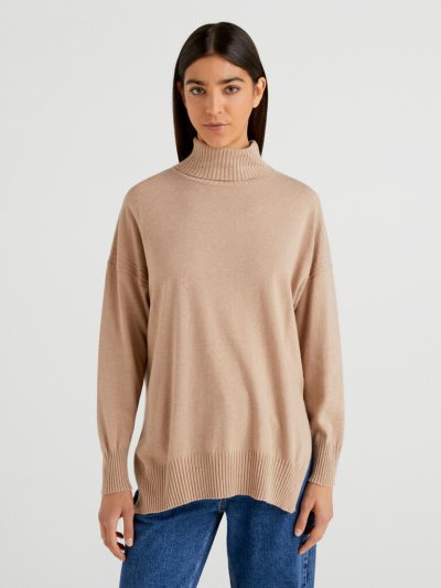 Beige Women's Benetton Oversized Fit Cashmere Blend Turtleneck Sweaters | AU020160