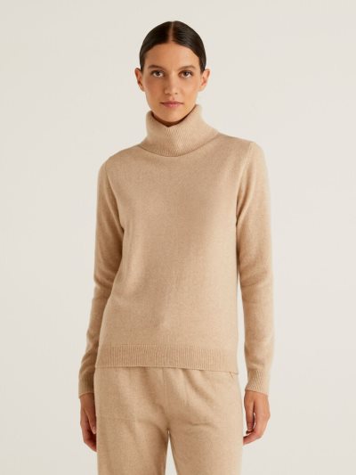 Beige Women's Benetton Pure Cashmere Turtleneck High Neck Sweaters | AU536863