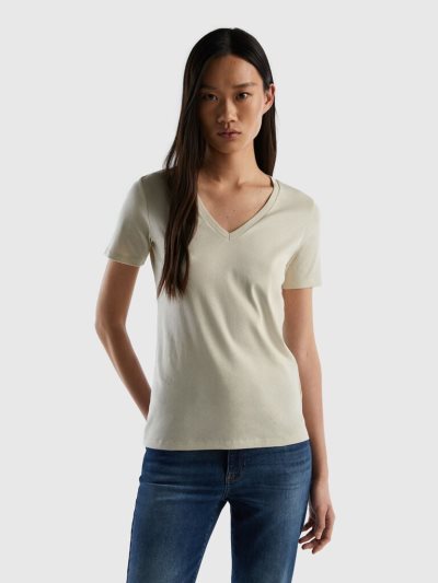 Beige Women's Benetton Pure Cotton V-neck Short Sleeve T-shirts | AU715377