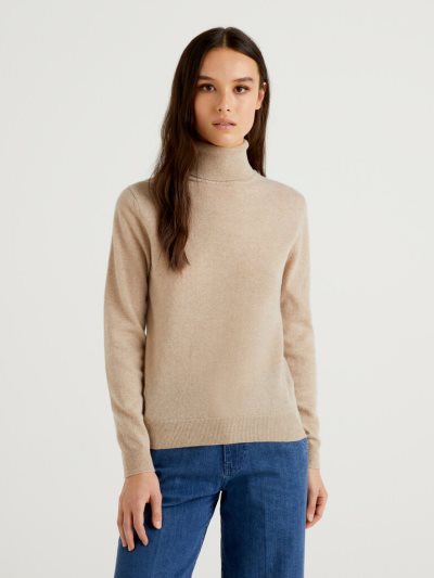 Beige Women's Benetton Pure Merino Wool Turtleneck High Neck Sweaters | AU440453