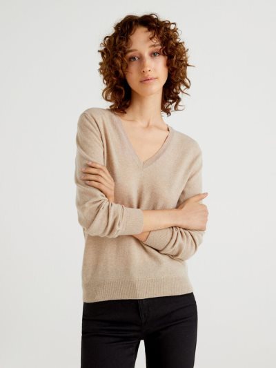 Beige Women's Benetton Pure Merino Wool V-neck Sweaters | AU979608