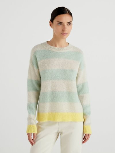 Beige Women's Benetton Striped Mohair Blend Crew Neck Sweaters | AU251293