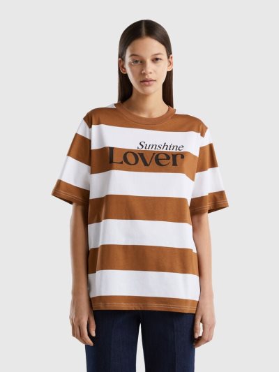 Beige Women's Benetton Striped Slogan Short Sleeve T-shirts | AU276464