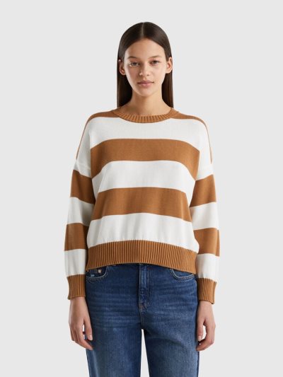 Beige Women's Benetton Striped Tricot Cotton Crew Neck Sweaters | AU487635