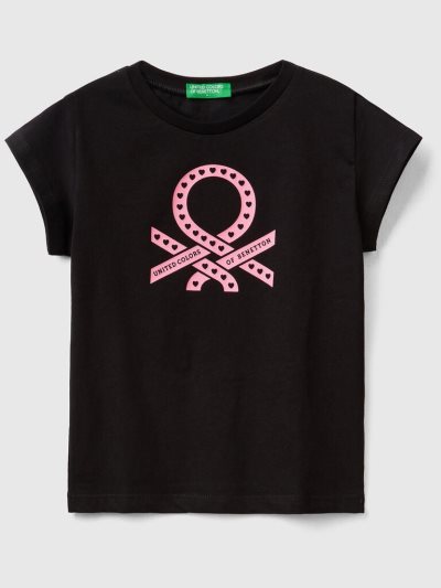 Black Kids' Benetton 100% Cotton Logo Short Sleeve T-shirts | AU144485