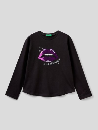 Black Kids' Benetton 100% Cotton Sequins Long Sleeve T-shirts | AU628458