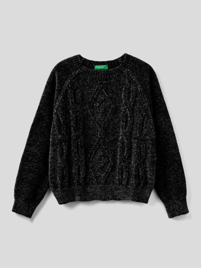 Black Kids' Benetton Cable Knit Chenille Sweaters | AU736640