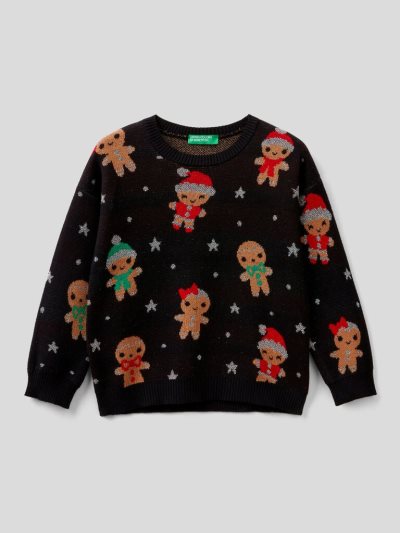 Black Kids' Benetton Christmas Inlays Sweaters | AU134444