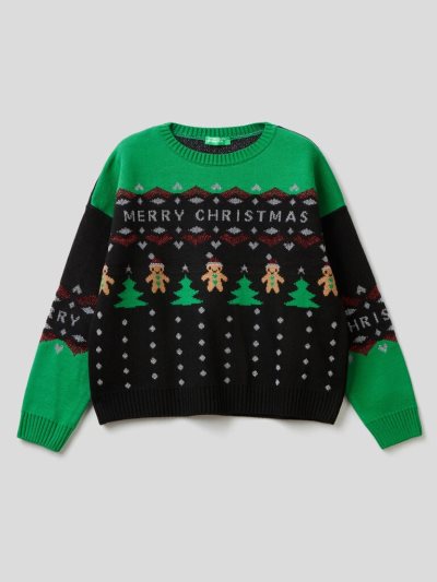 Black Kids' Benetton Christmas Inlays Sweaters | AU351266