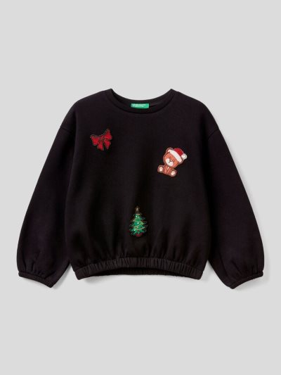 Black Kids' Benetton Christmas Patch Sweatshirt | AU857049