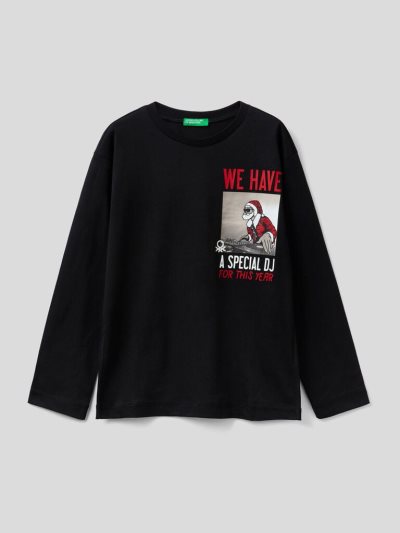 Black Kids' Benetton Christmas Photo Print Long Sleeve T-shirts | AU360799