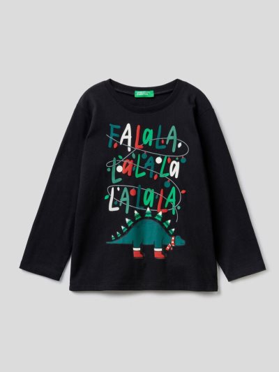 Black Kids' Benetton Christmas Print Long Sleeve T-shirts | AU872522