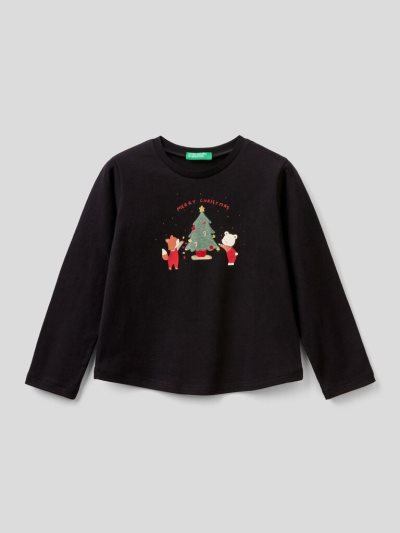 Black Kids' Benetton Christmas Prints Long Sleeve T-shirts | AU788323