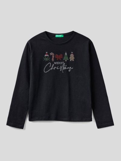 Black Kids' Benetton Christmas Warm Organic Cotton Long Sleeve T-shirts | AU820526