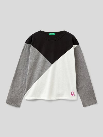 Black Kids' Benetton Color Block Glittery Logo Long Sleeve T-shirts | AU568769