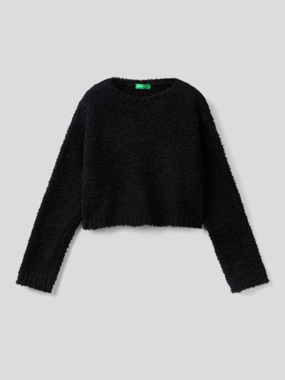 Black Kids' Benetton Cropped Black Bouclé Look Sweaters | AU727923