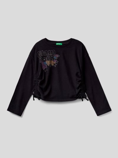 Black Kids' Benetton Cropped Studs Long Sleeve T-shirts | AU952689