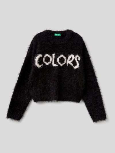 Black Kids' Benetton Faux Fur Inlay Sweaters | AU213123