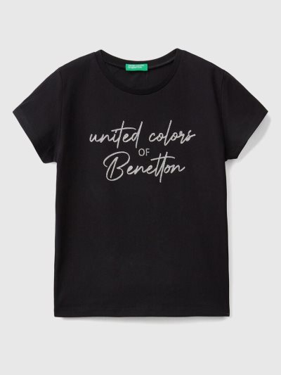 Black Kids' Benetton Glittery Logo Organic Cotton Short Sleeve T-shirts | AU351616