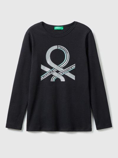 Black Kids' Benetton Long Sleeve Glitter Print T Shirts | AU255719