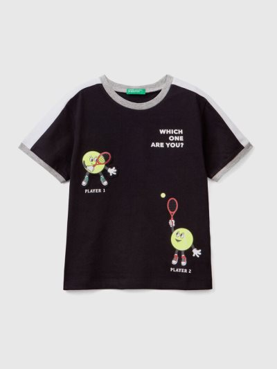 Black Kids' Benetton Print And Patch Short Sleeve T-shirts | AU544307