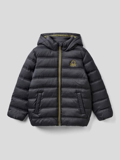 Black Kids' Benetton Puffer Hood And Logo Padded Jackets | AU369974