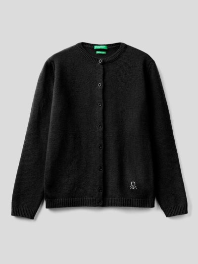 Black Kids' Benetton Rhinestone Logo Crew Neck Cardigan | AU371148