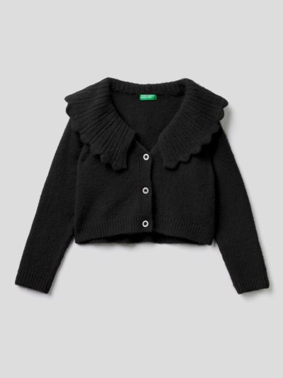 Black Kids' Benetton Ruffled Collar Cardigan | AU234443