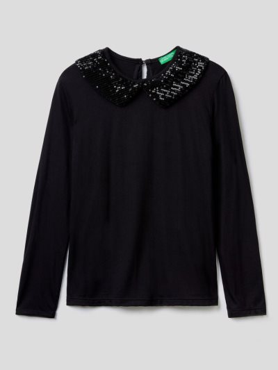 Black Kids' Benetton Sequin Collar Long Sleeve T-shirts | AU937968