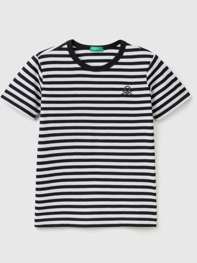 Black Kids' Benetton Striped 100% Cotton Short Sleeve T-shirts | AU717701