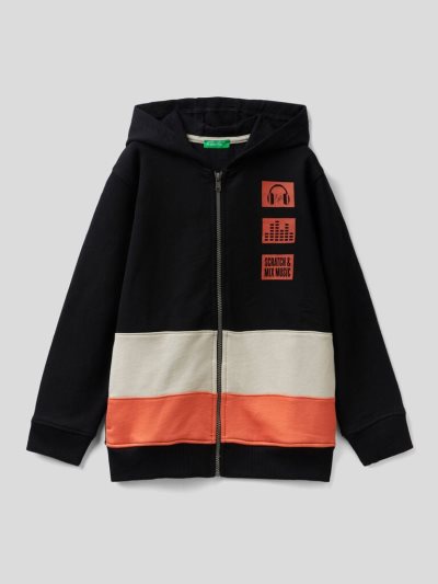 Black Kids' Benetton Warm Color Block Print Hoodie | AU207117