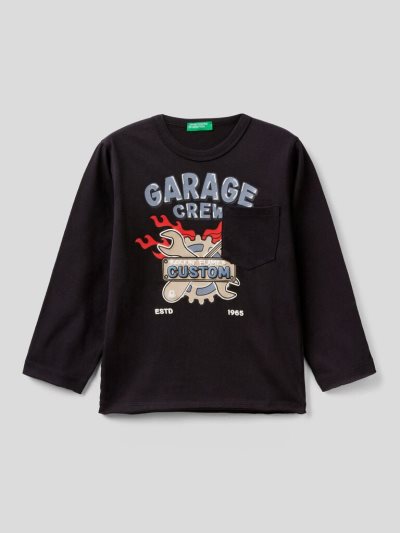 Black Kids' Benetton Warm Cotton Pocket Long Sleeve T-shirts | AU329868