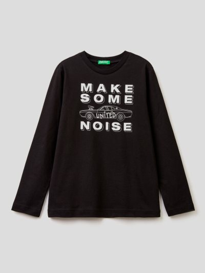 Black Kids' Benetton Warm Organic Cotton Print Long Sleeve T-shirts | AU230012